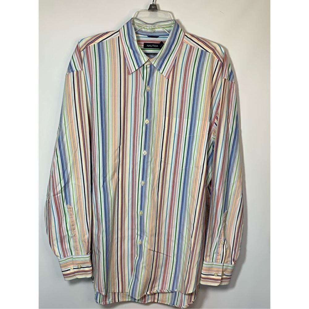 Nautica Men's Multicolor Stripes 80's Two-Ply Cotton Button-Up Shirt Large